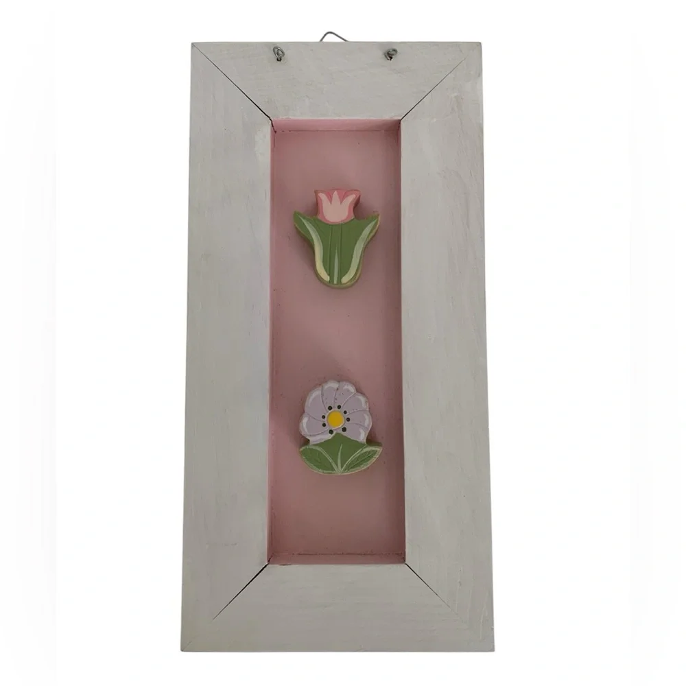 NWT Vintage Flowers Wall Art 2001 Wooden Hanging Picture Pink White Cottagecore